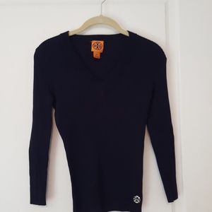 Tory Burch Navy V Neck Ribbed  Sweater